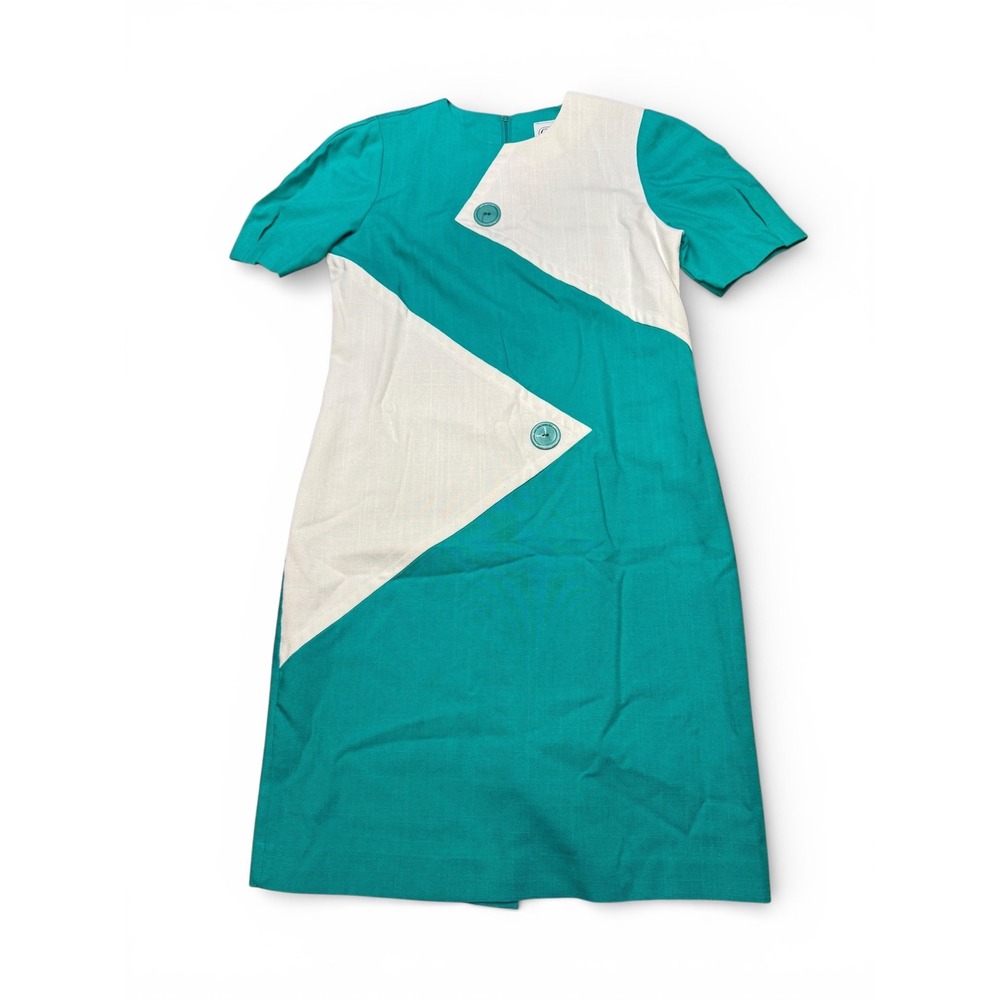 CBII Vintage 80s Colorblock‎ Mod Shift Dress Teal White Short Sleeve Size 6